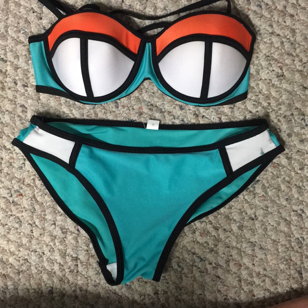 orange and blue bikini set